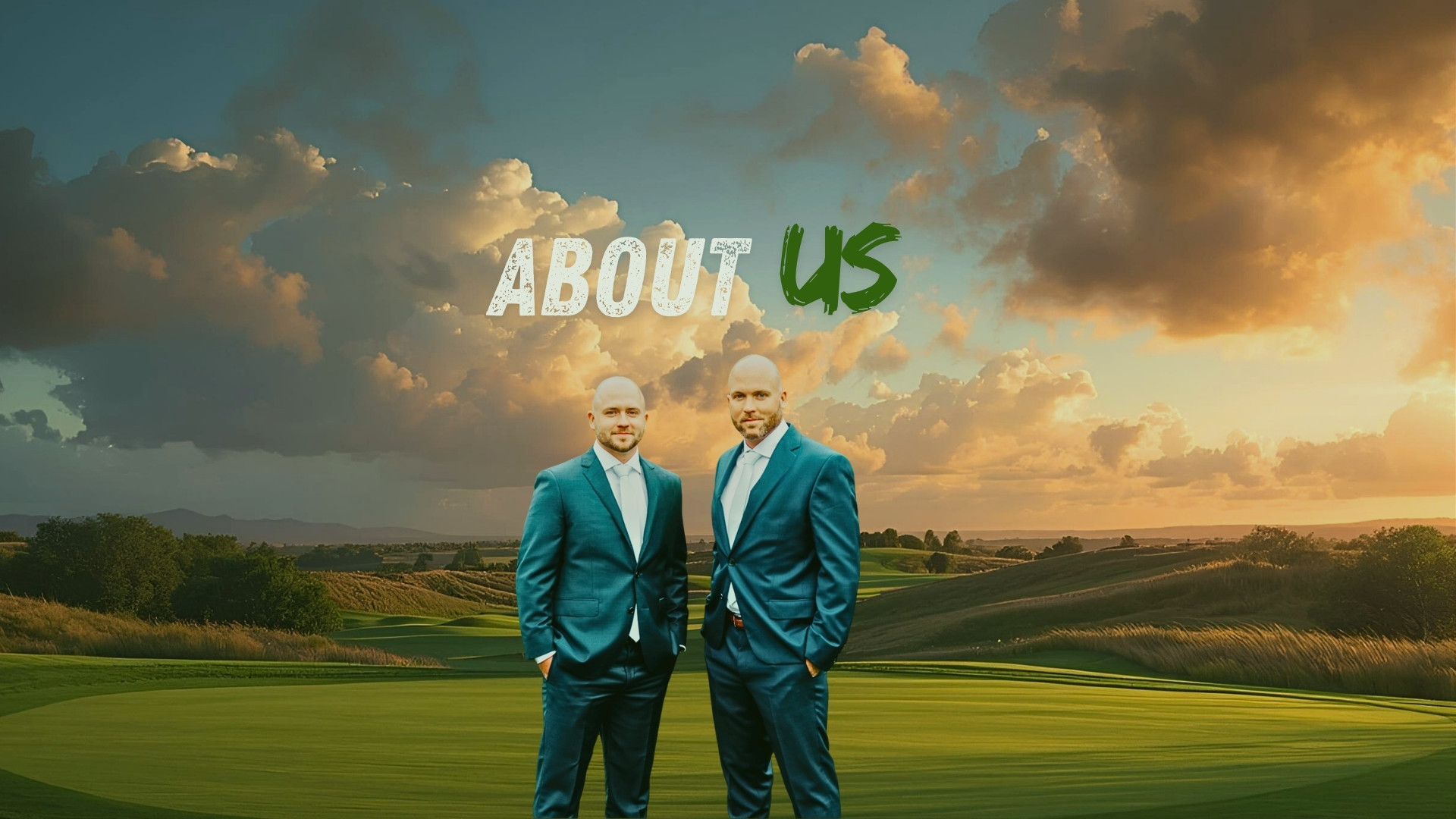Matthew and Landon Mulhall of Finally Home Agents standing on a stylized landscape background at sunset, representing their NorthSide GTA real estate approach.